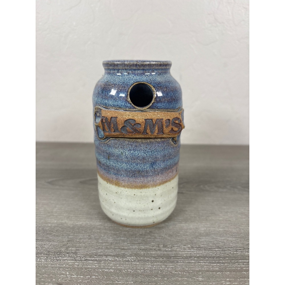 Studio Pottery M&M'S Handcrafted Glazed Ceramic Jar Blue Cream 6 Inch